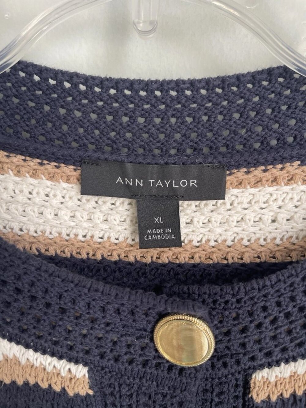 Ann Taylor Navy Cream Striped 100% Cotton Short Sleeve Cardigan Sweater - Picture 2 of 6